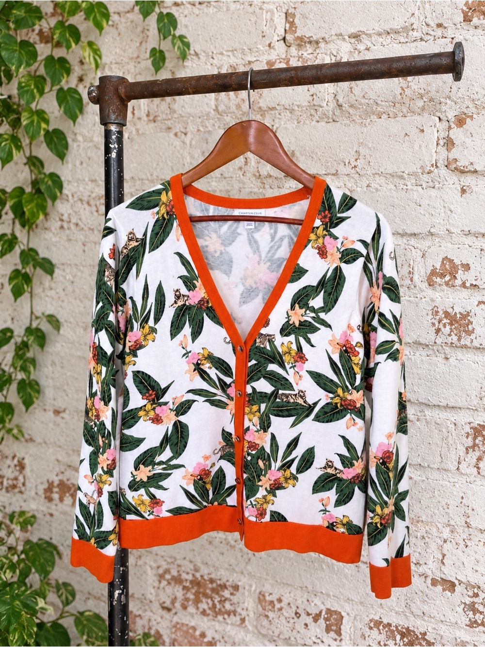 Charter Club Tropical Floral Leopard Print Cardigan Orange Trim PL